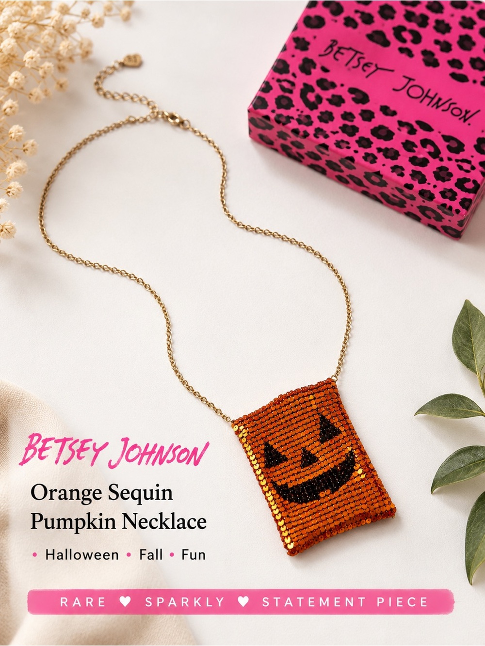 Betsey Johnson Jack-O’-Lantern Orange Sequin Mesh Statement Necklace Halloween - Picture 6 of 6